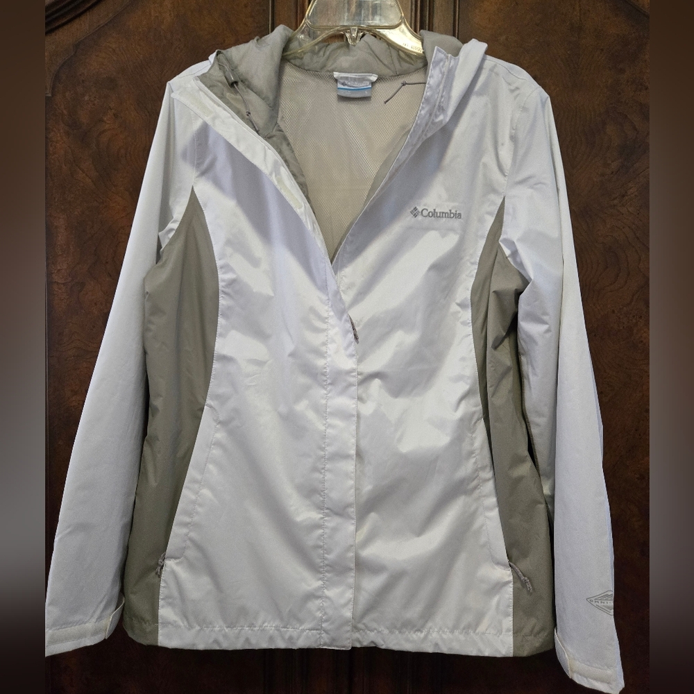 Columbia Omni-Tech White Rain Jacket Womens Large Waterproof Hooded